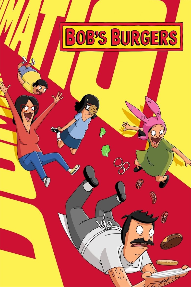 Bob's Burgers cover art — the Belcher family tumbling across a red and yellow field with a burger
