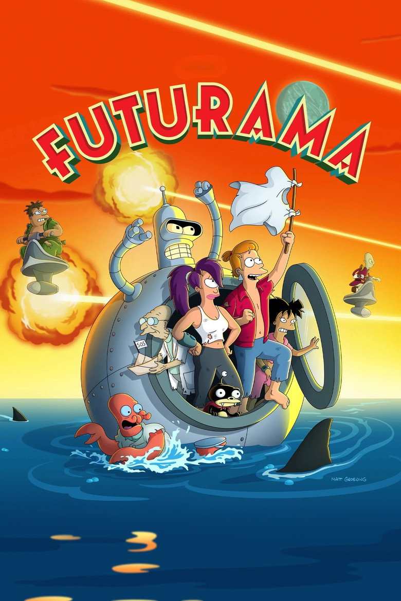 Futurama cover art — the Planet Express crew rafting a wrecked ship through a sea under a red sky