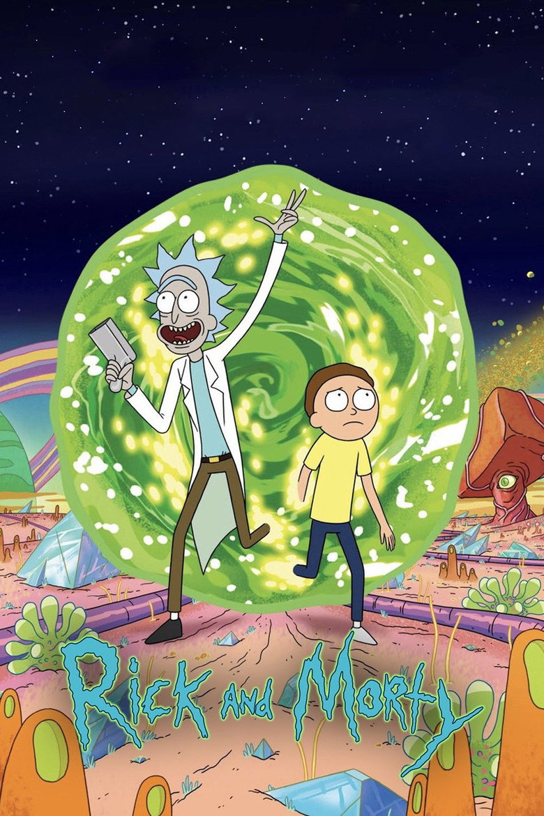 Rick and Morty cover art — the pair stepping out of a green portal onto an alien plain under a rainbow