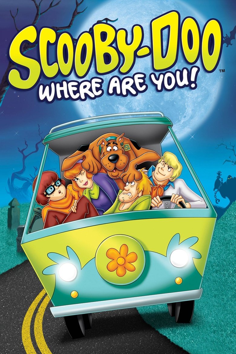 Scooby-Doo, Where Are You! cover art — the gang packed into the Mystery Machine on a moonlit road