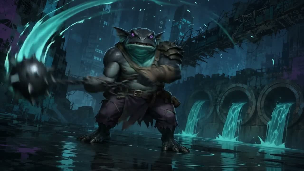 Amphibious — an armoured amphibian braced over glowing turquoise water