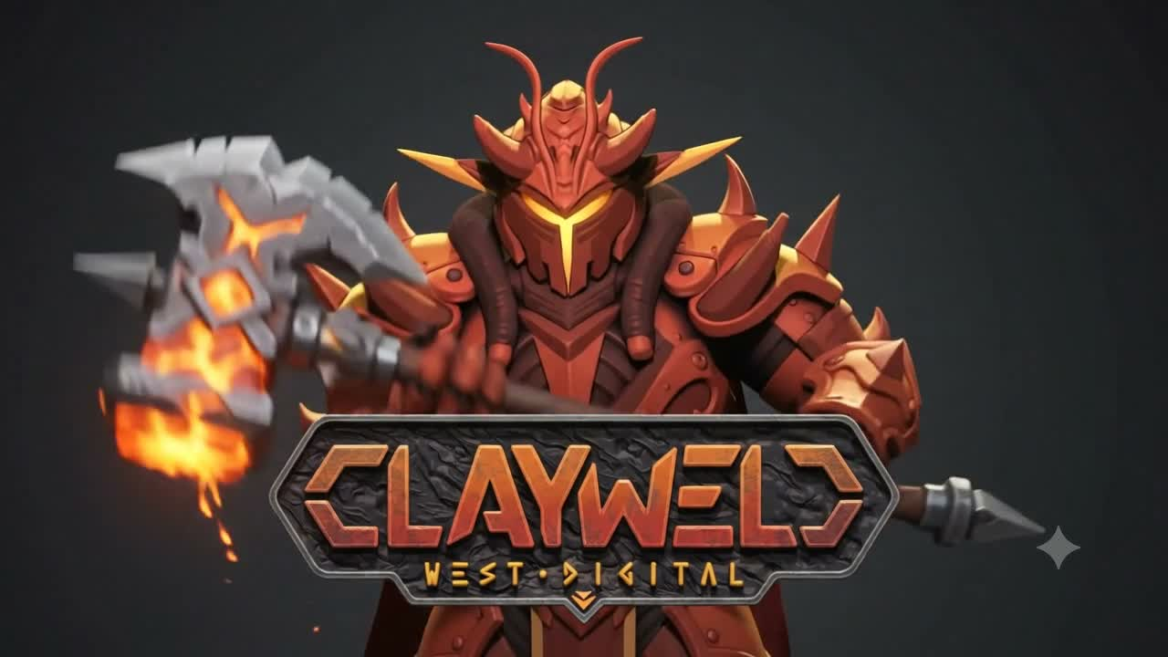 Clayweld — an orange armoured mascot above the Clayweld wordmark
