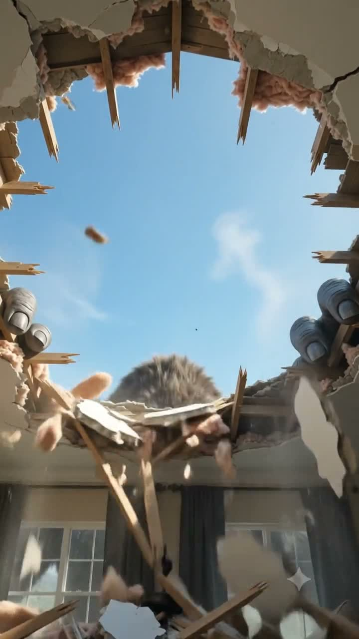 King Kong — a gorilla tearing open a ceiling, seen from the room below