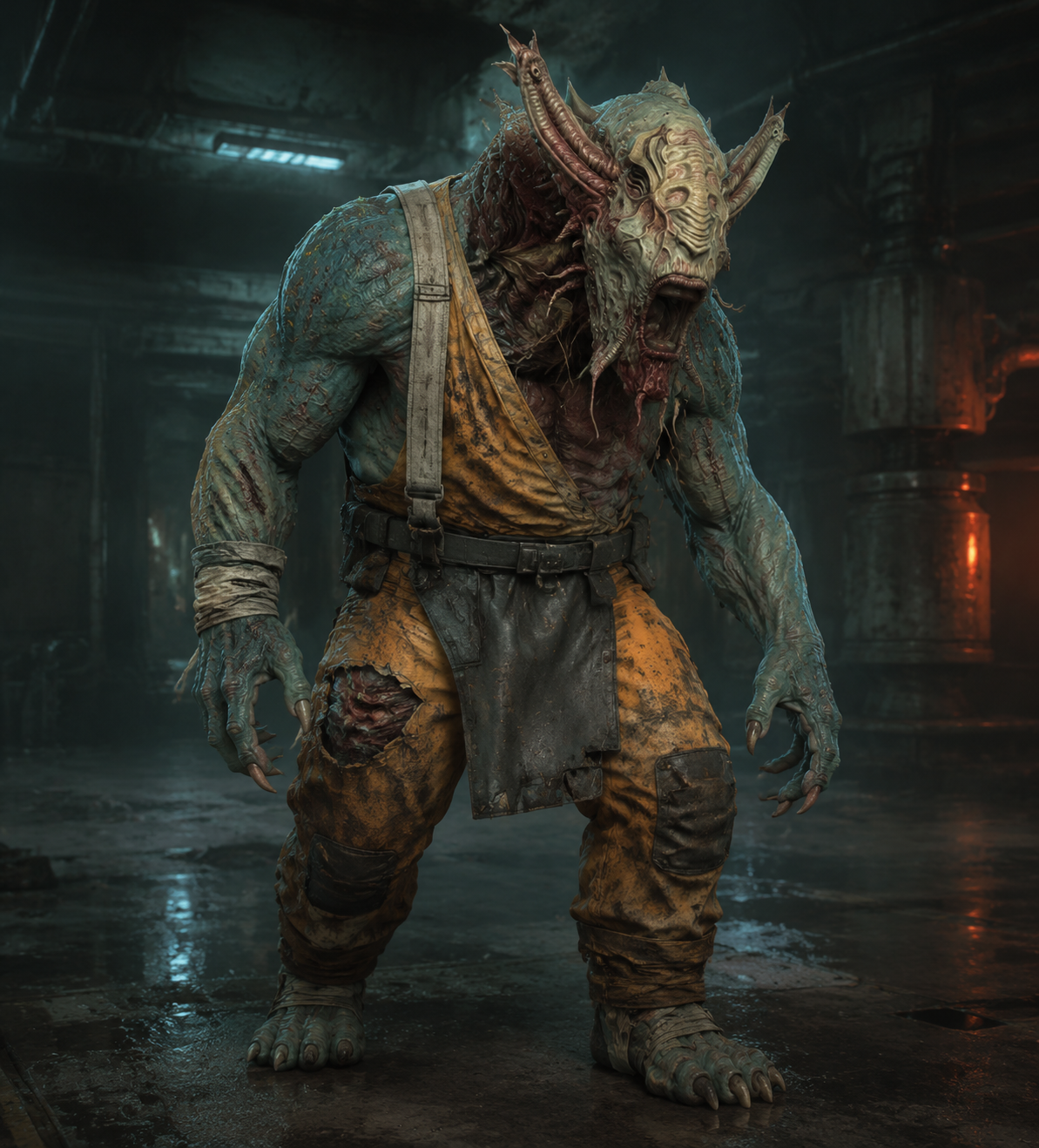 The AI revamp — the same head on a full creature, painted and lit in a wet industrial corridor