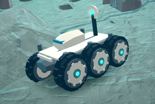 A Surveyor gameplay capture — the six-wheeled rover parked on pale grey rock
