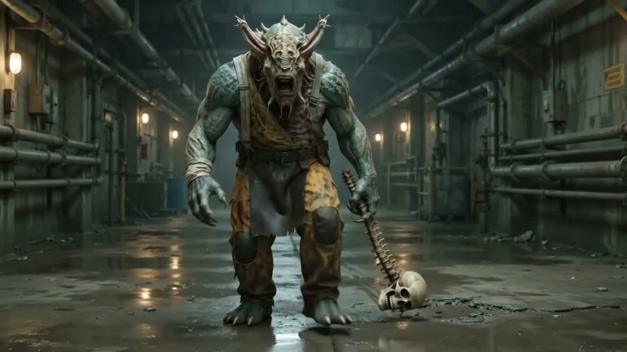 Spinal Tap — a horned creature standing in a wet industrial corridor