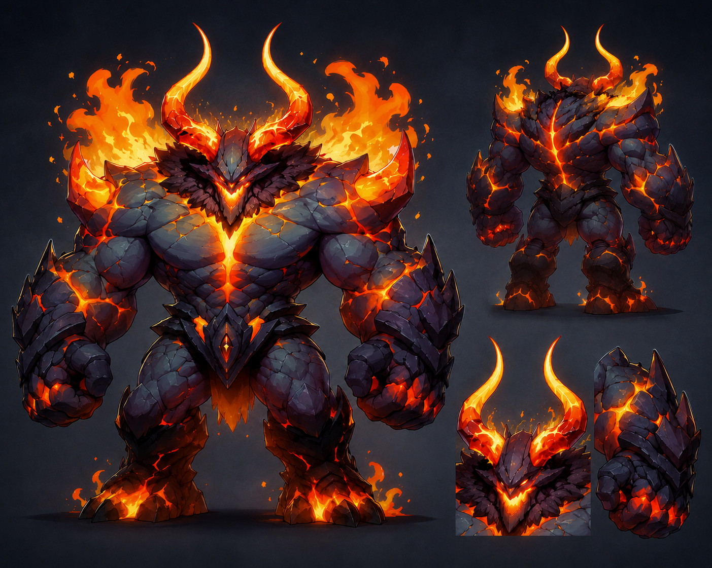 Cinderborn — a demon of blackened rock veined with fire and twin flame horns, shown with a back view and two head studies