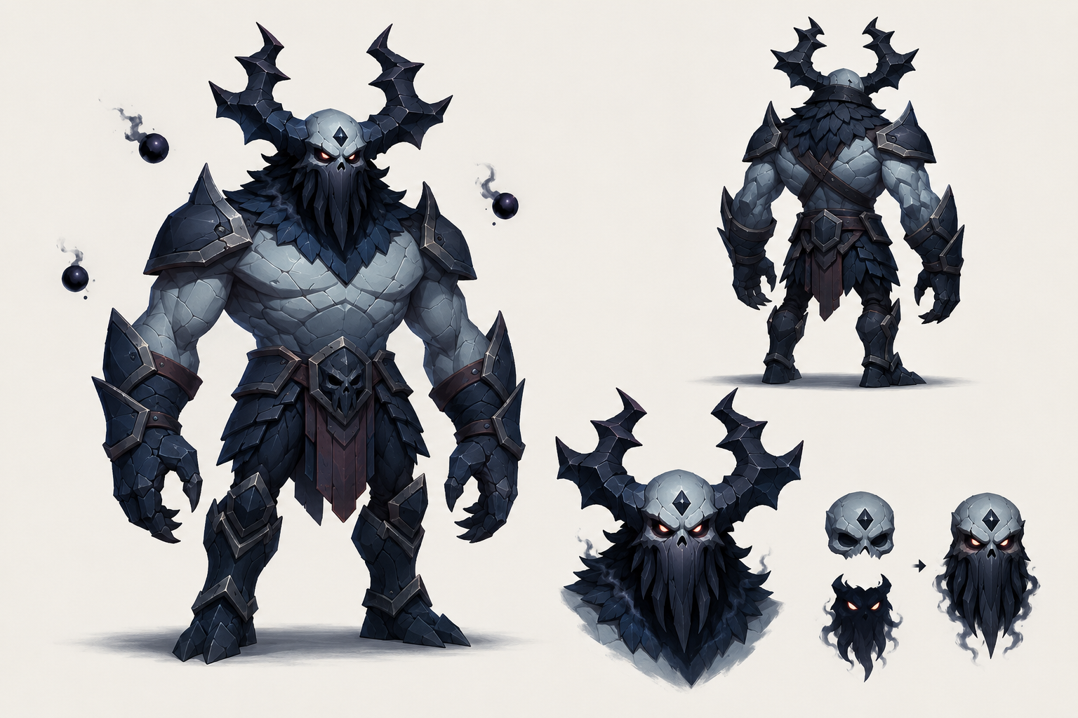 Dread Knight — a jagged dark-armoured warrior with a horned helm, shown with a back view, helmet study and two skull sprites