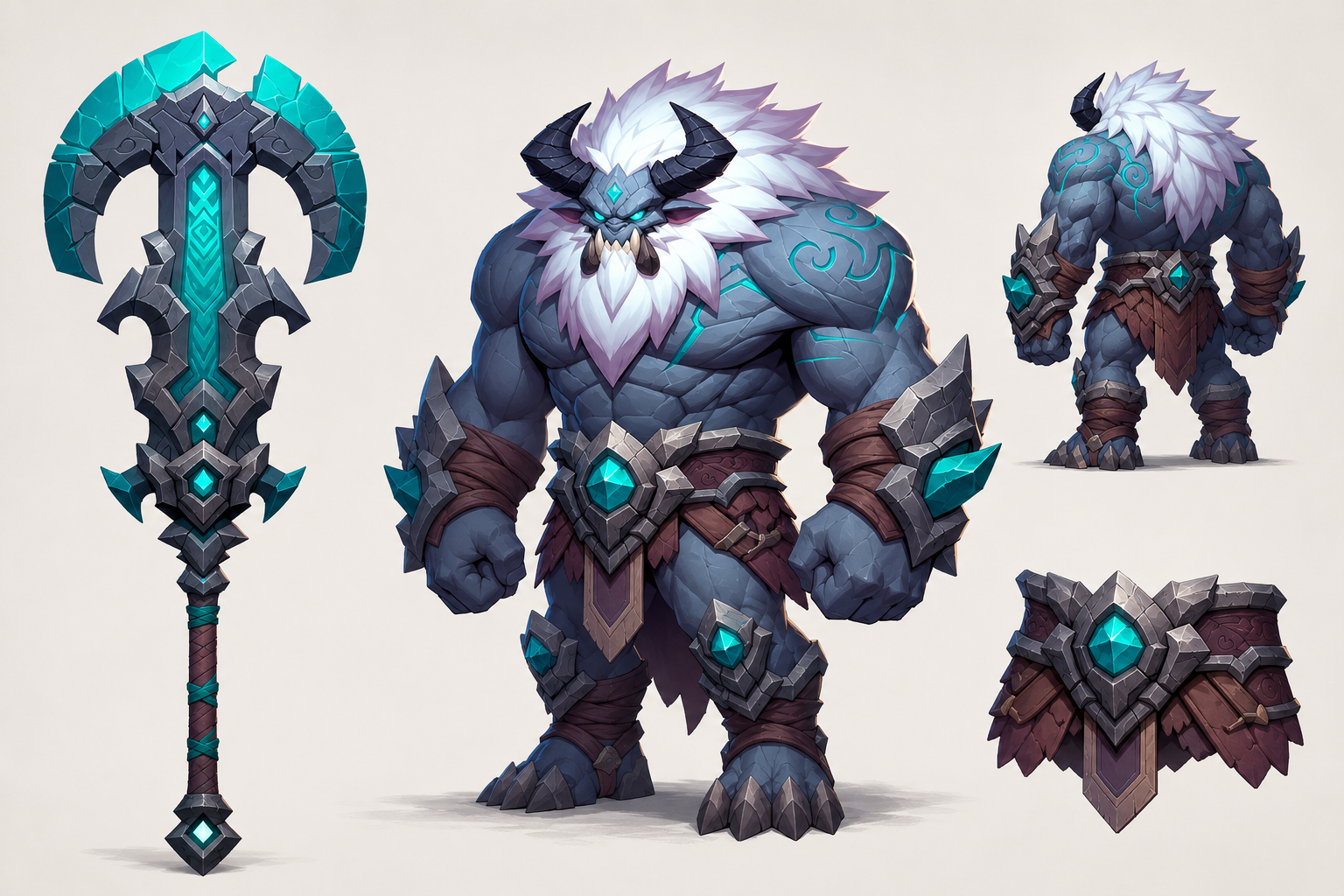 Frostbane — a white-maned armoured brute with a huge teal-runed axe, shown with its back view and shield