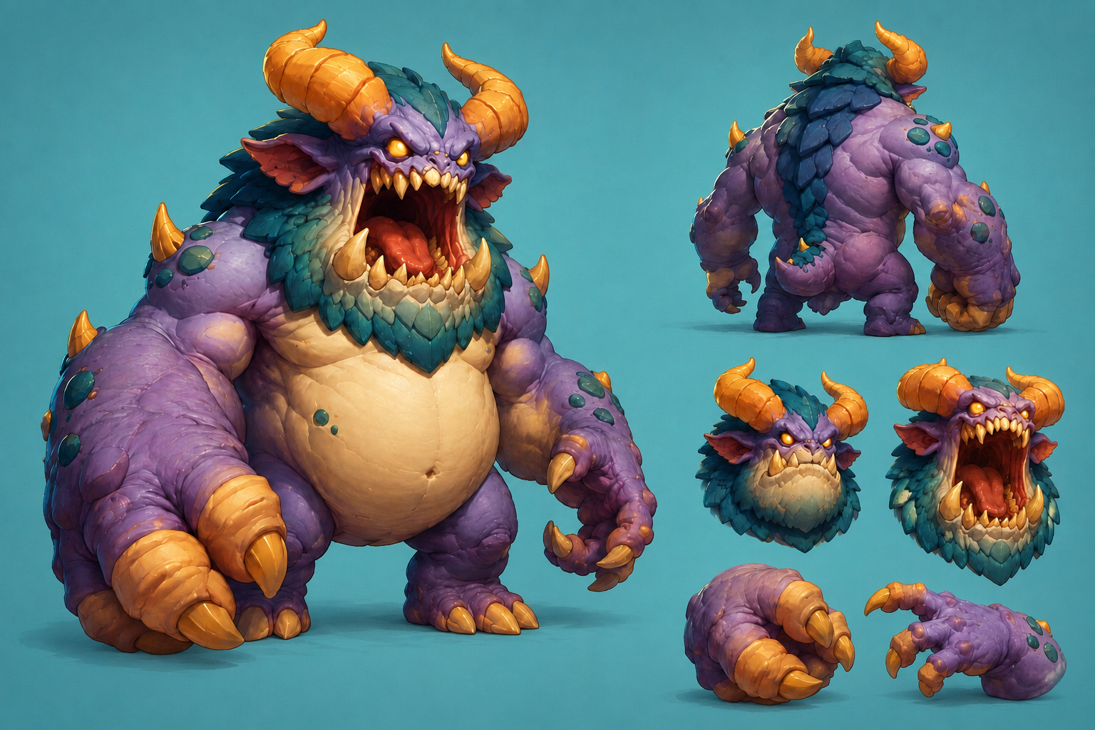 Gulper — a purple and orange fanged brute with alternate poses, a roaring head study and a curled form