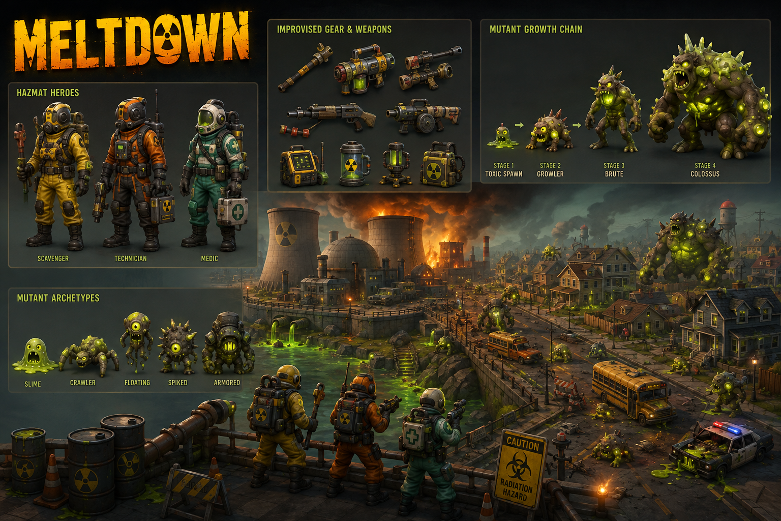 Meltdown — a pitch sheet: three hazmat hero classes, improvised weapons, a four-stage mutant growth chain, and a burning reactor town