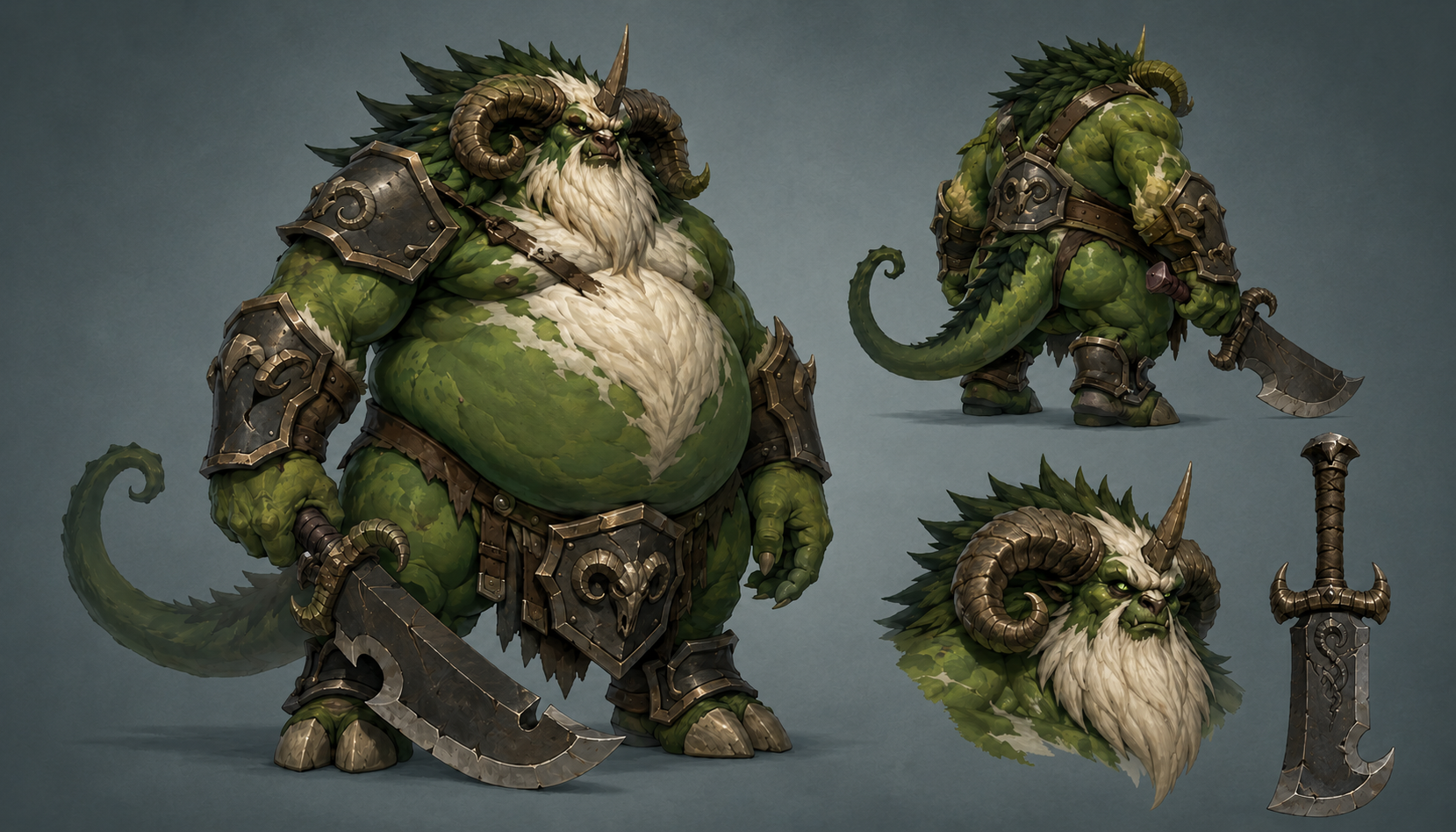Mossback — a heavy green tusked brute in bone armour with a curved blade, shown with a back view, a horned head study and its sword