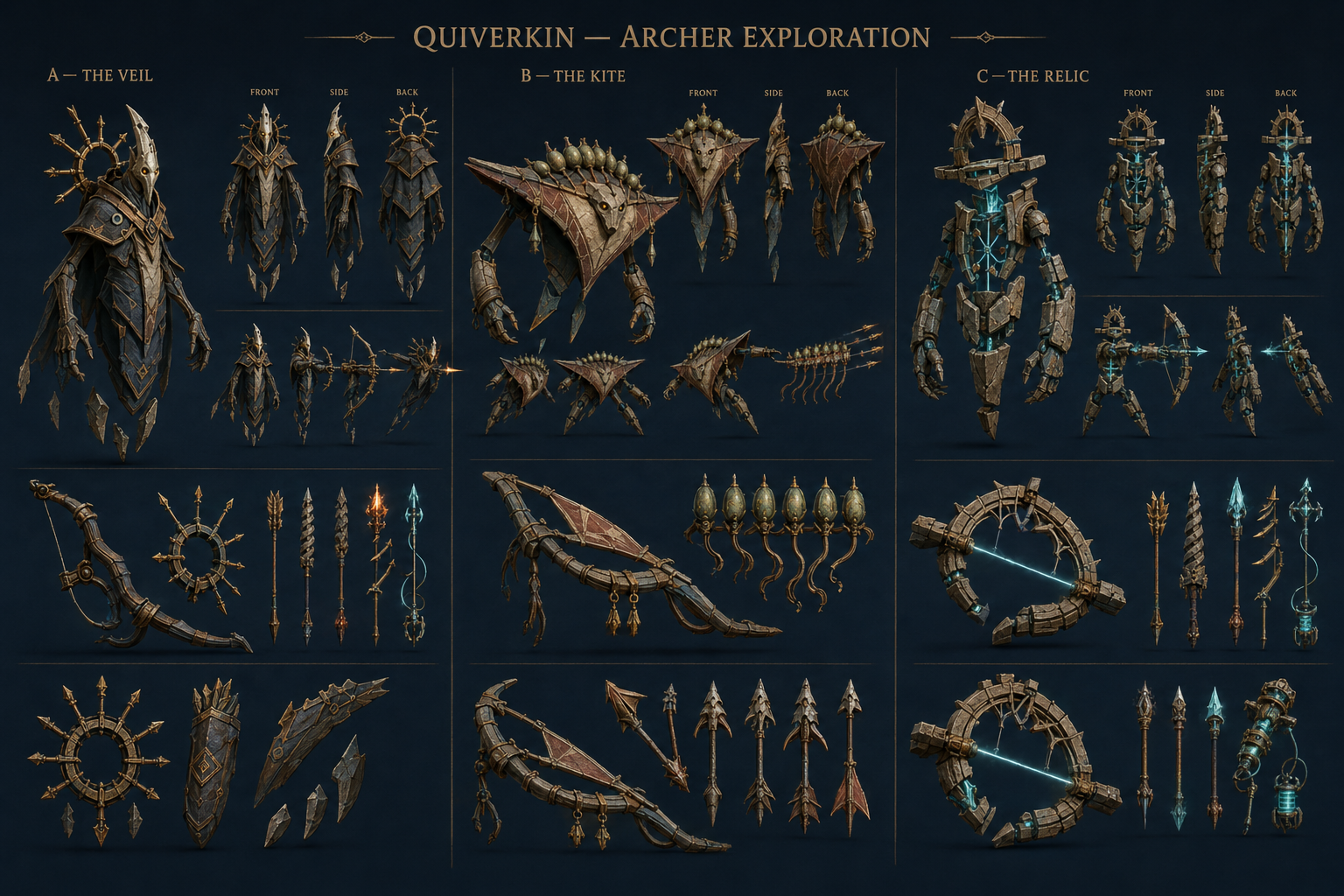 Quiverkin — an archer exploration sheet: three armour sets front, side and back with matching bows and arrow sets