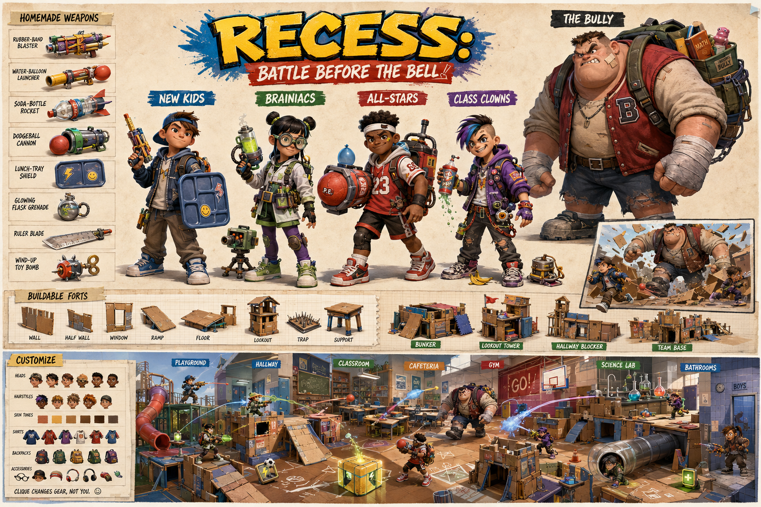 Recess — a pitch sheet: four schoolyard squads, homemade weapons, buildable forts and classroom arenas