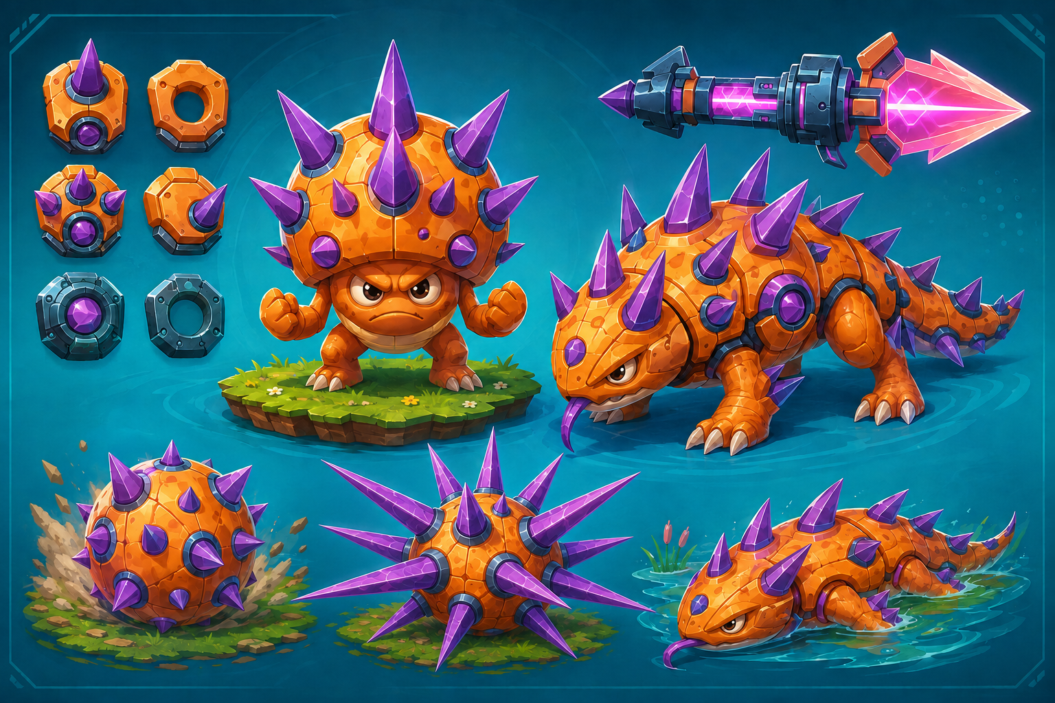 Spineling — an orange, purple-spiked creature in three forms over turquoise water, with armour tokens and a plasma lance