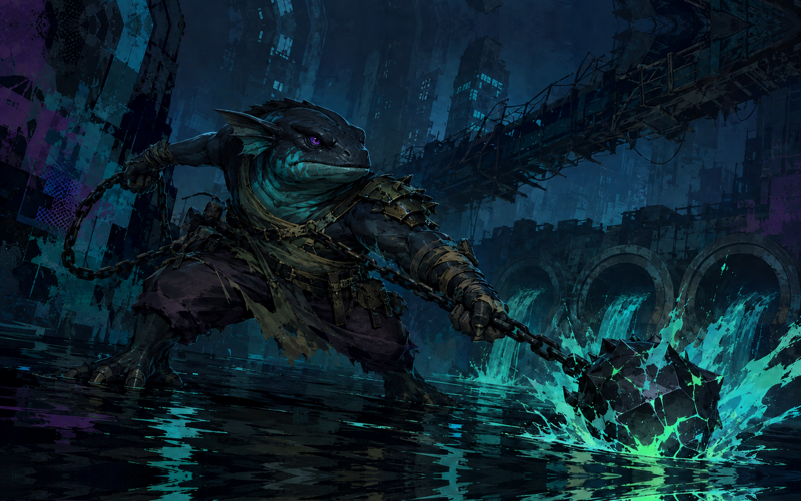 Amphibious — armoured amphibian warrior dragging a chained mace through flooded ruins