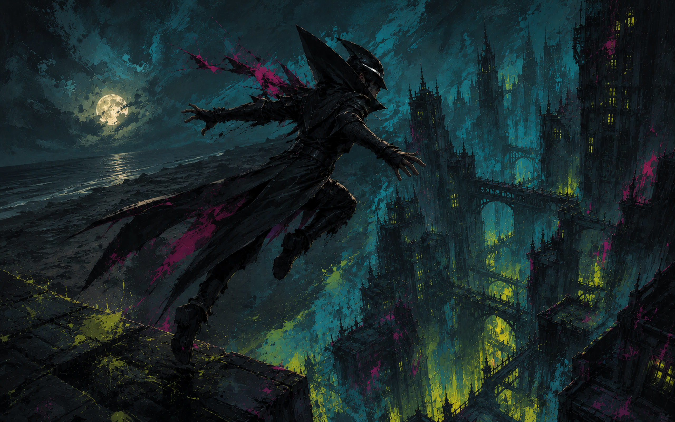 BASE Jump — cloaked figure leaping from a rooftop over a moonlit gothic city