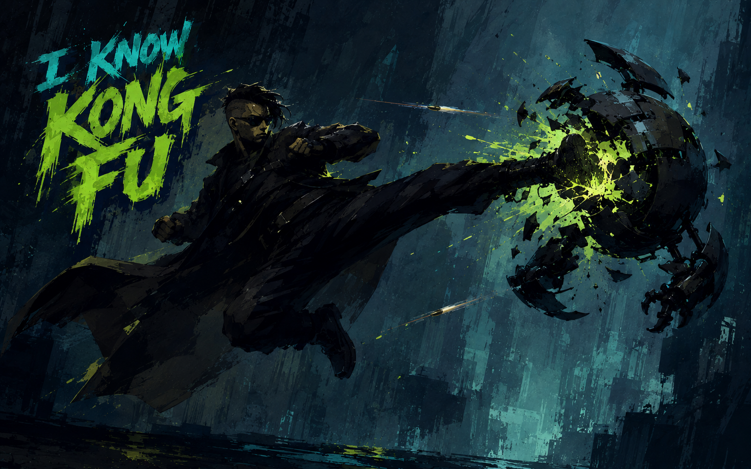 Kong Fu — trenchcoated figure roundhouse-kicking a sentinel drone apart in a burst of acid green