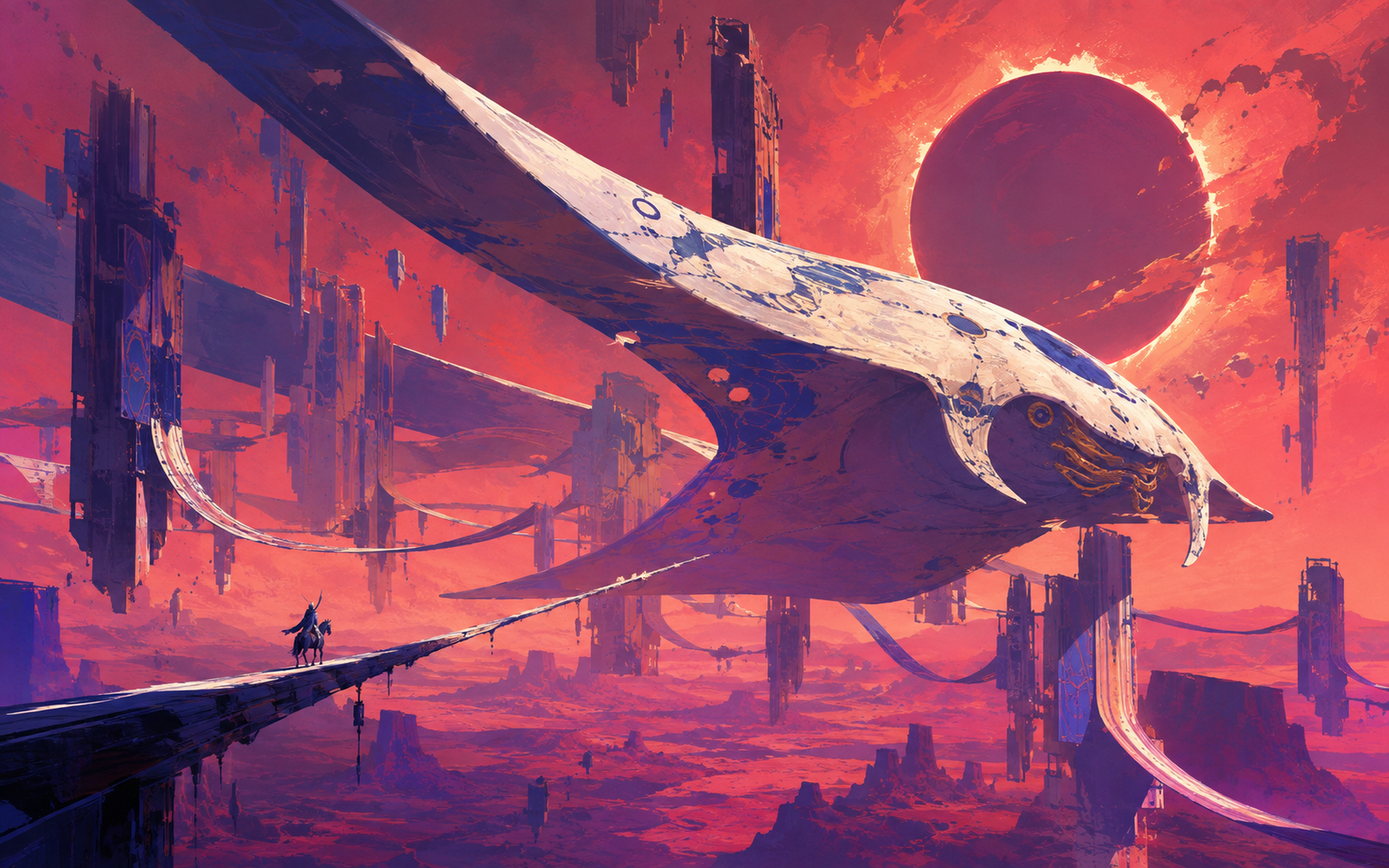 Manoray — a colossal manta ray gliding over a crimson desert city beneath an eclipsed sun