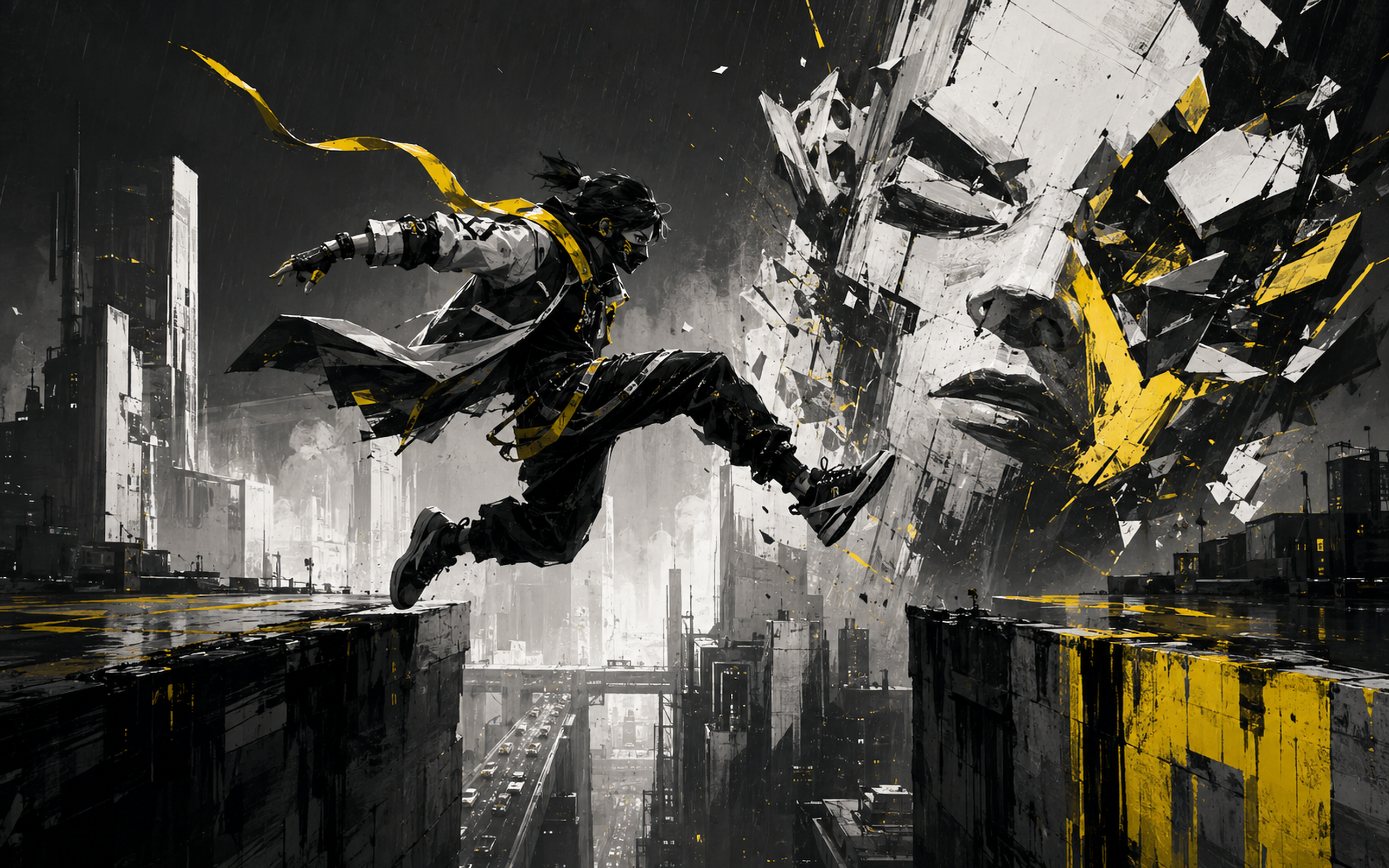 Off the Wall — masked runner leaping a rooftop gap as a giant concrete face shatters into yellow and monochrome shards