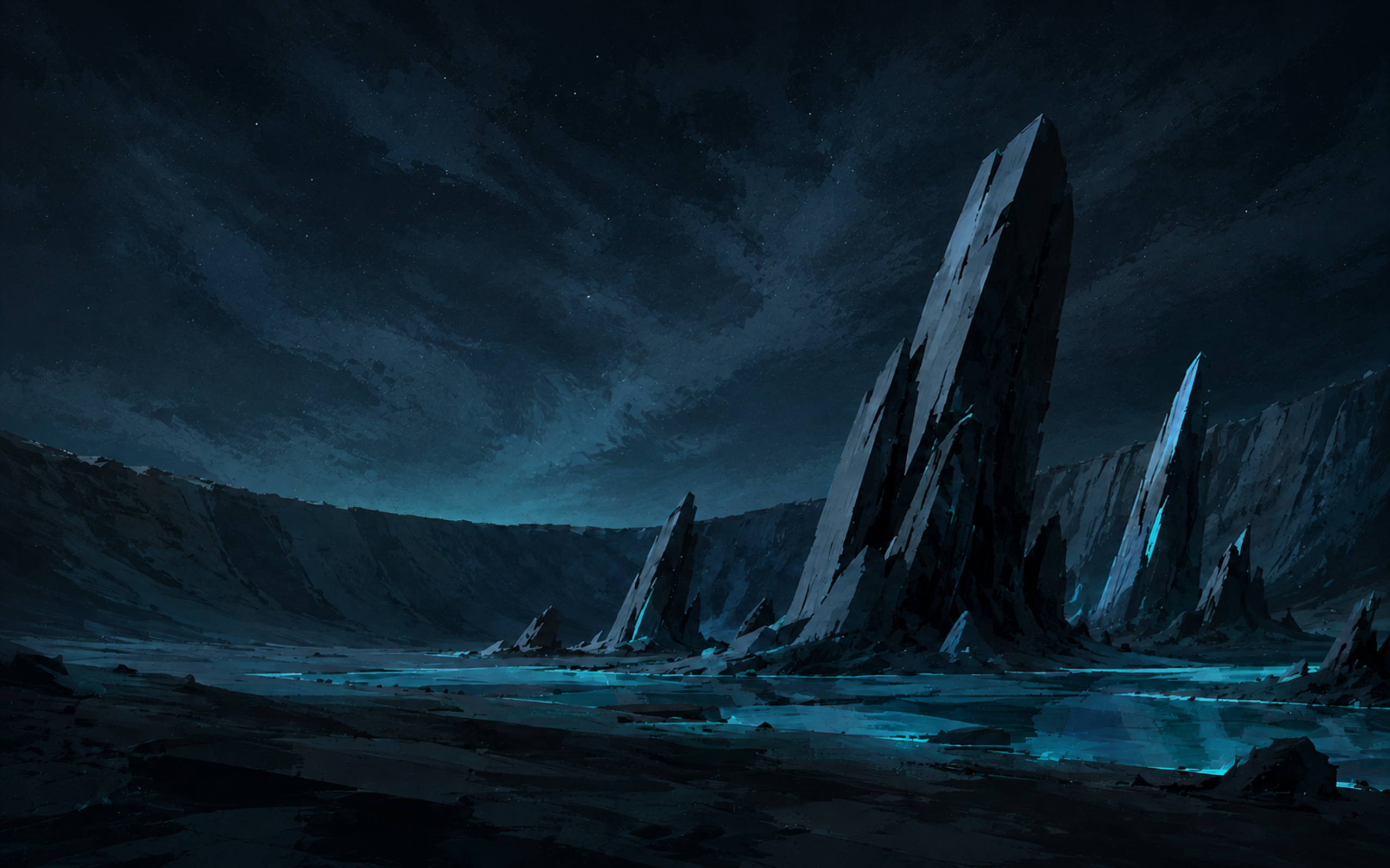 Shale Spire Crater — pale rock spires above a glowing blue crater lake under a night sky