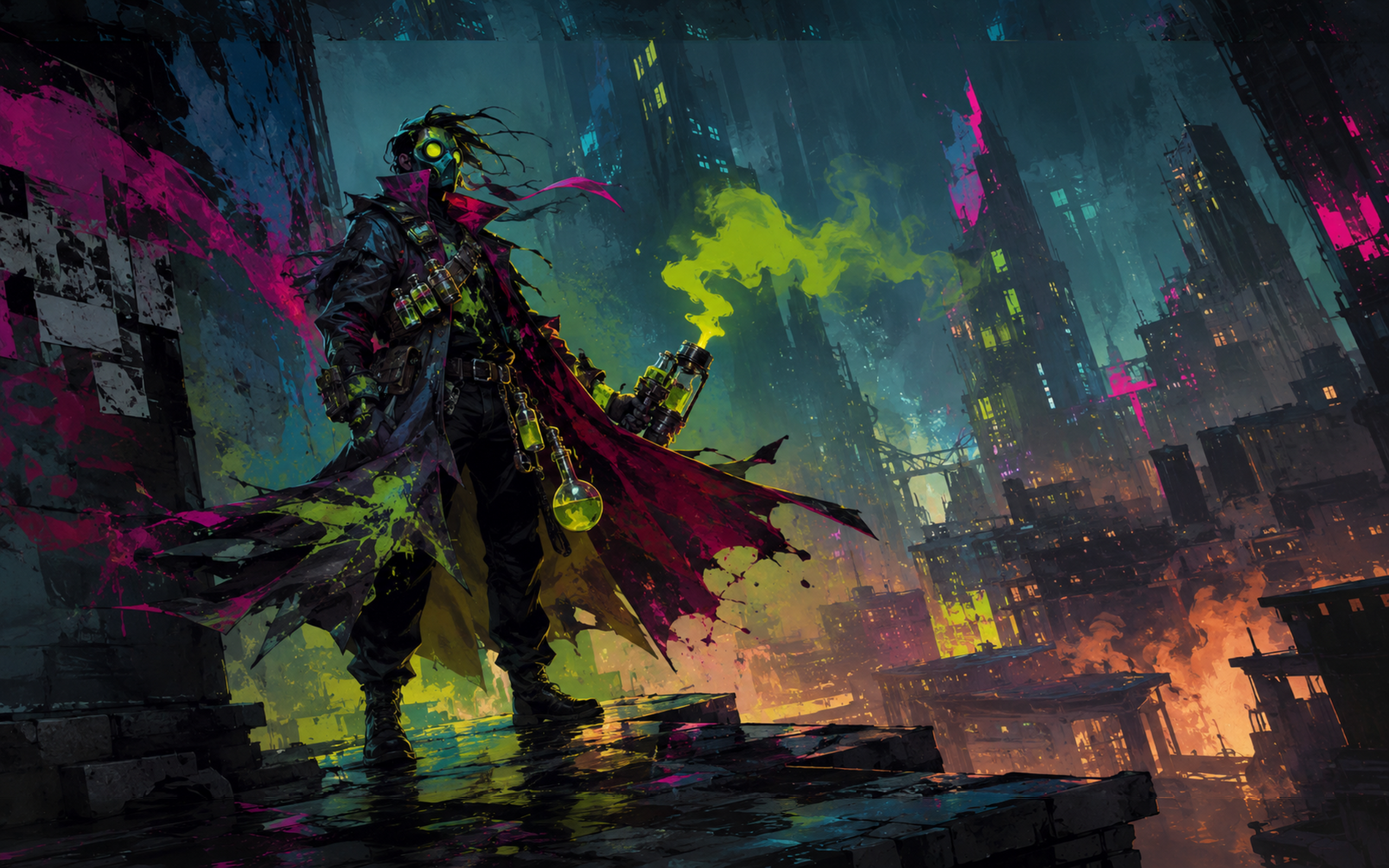 Slick Anarchy — masked figure in a torn red coat holding a glowing flask in a neon city street