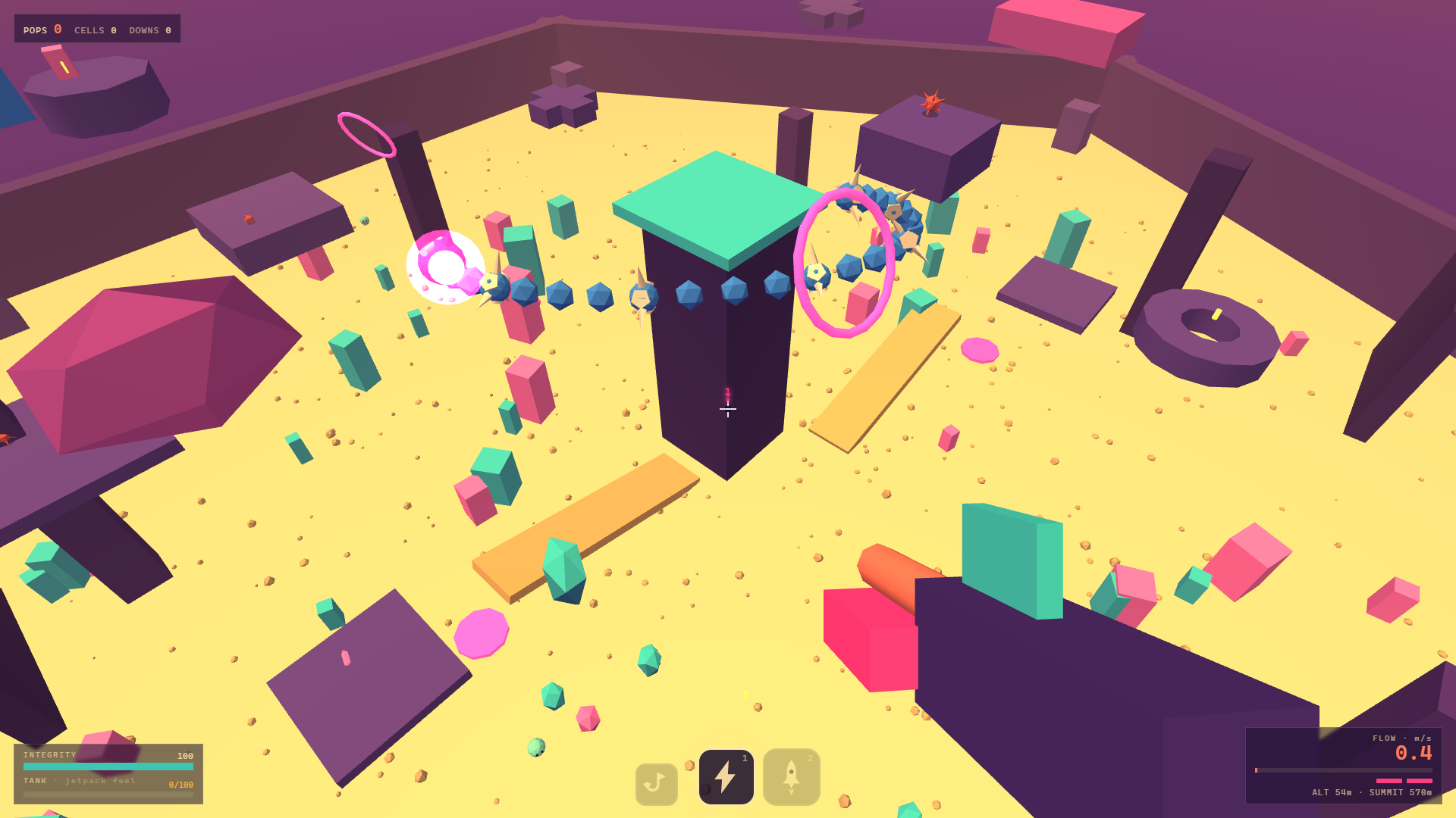 Arena 1 from fifty metres up: the bowl's dark rim curving around pale yellow ground strewn with teal, pink and purple geometry, a serpent of blue spheres ringed by the targeting reticle