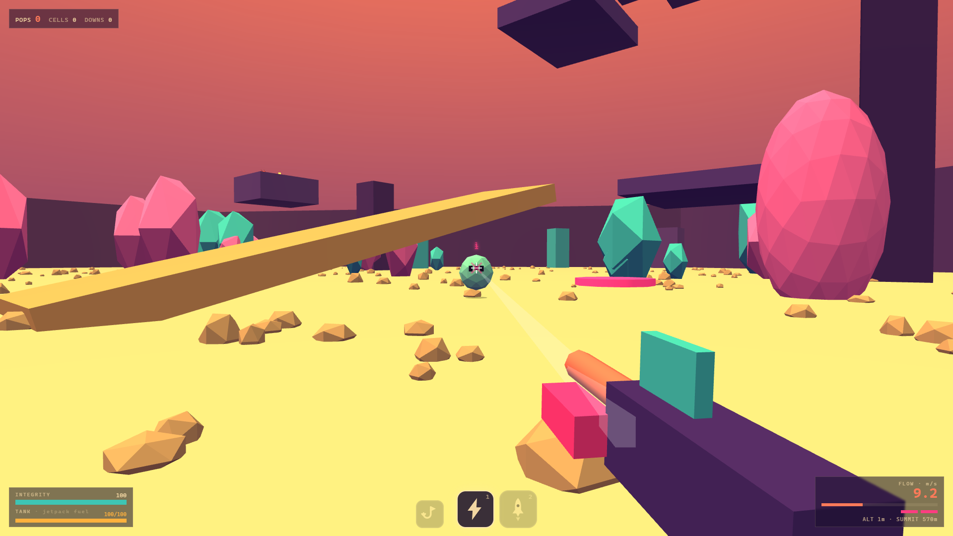 Arena 1 in first person on the arena floor: a purple and teal weapon firing a white beam at a small green blob across pale yellow sand, pink and teal crystals standing under a warm orange sky