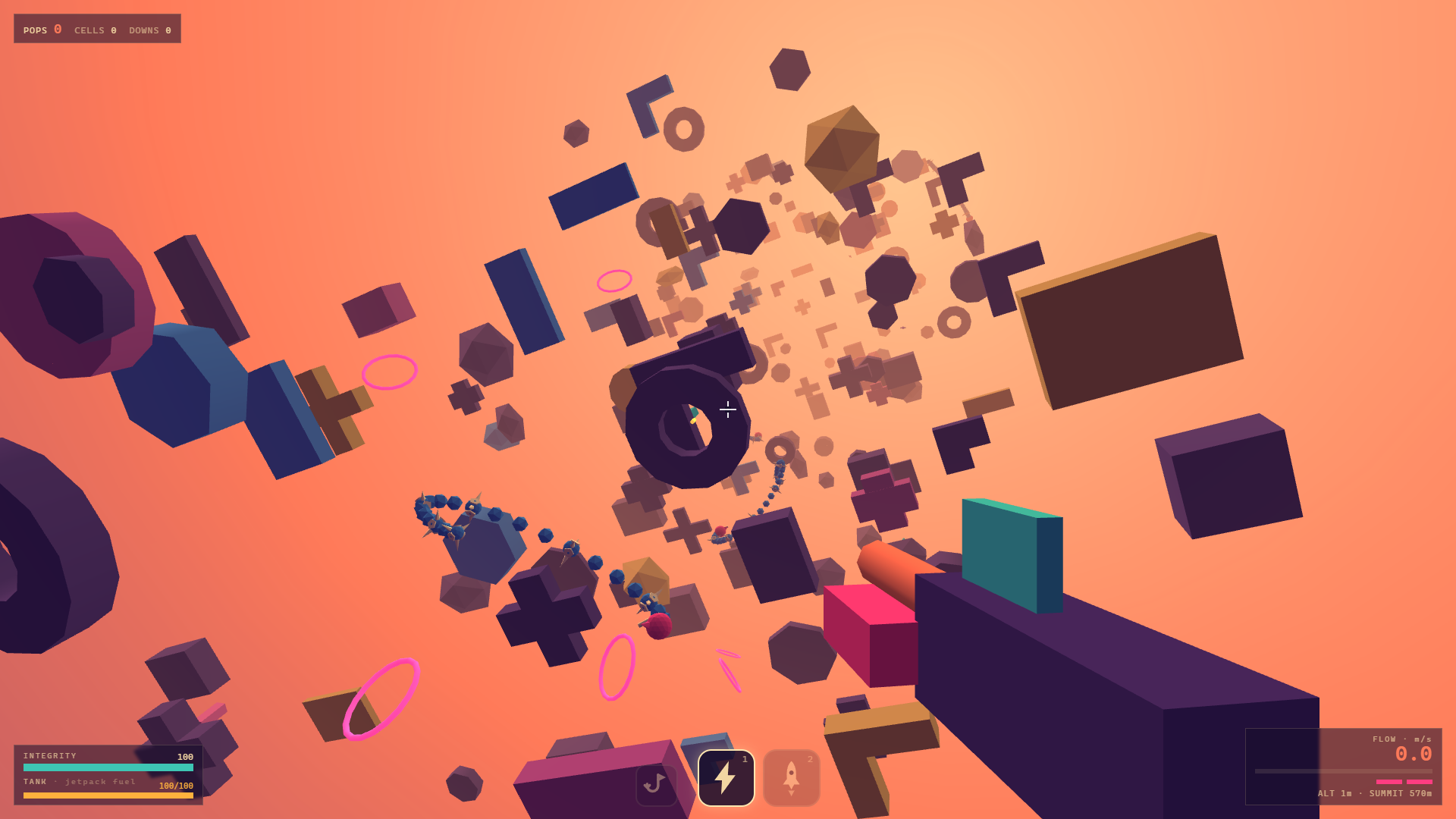Looking up the Arena 1 column from the arena floor: a purple and teal weapon in the near corner, a spiral of dark geometric platforms and pink boost rings climbing away into an orange sky, and two chains of blue spiked spheres — serpents — winding through them