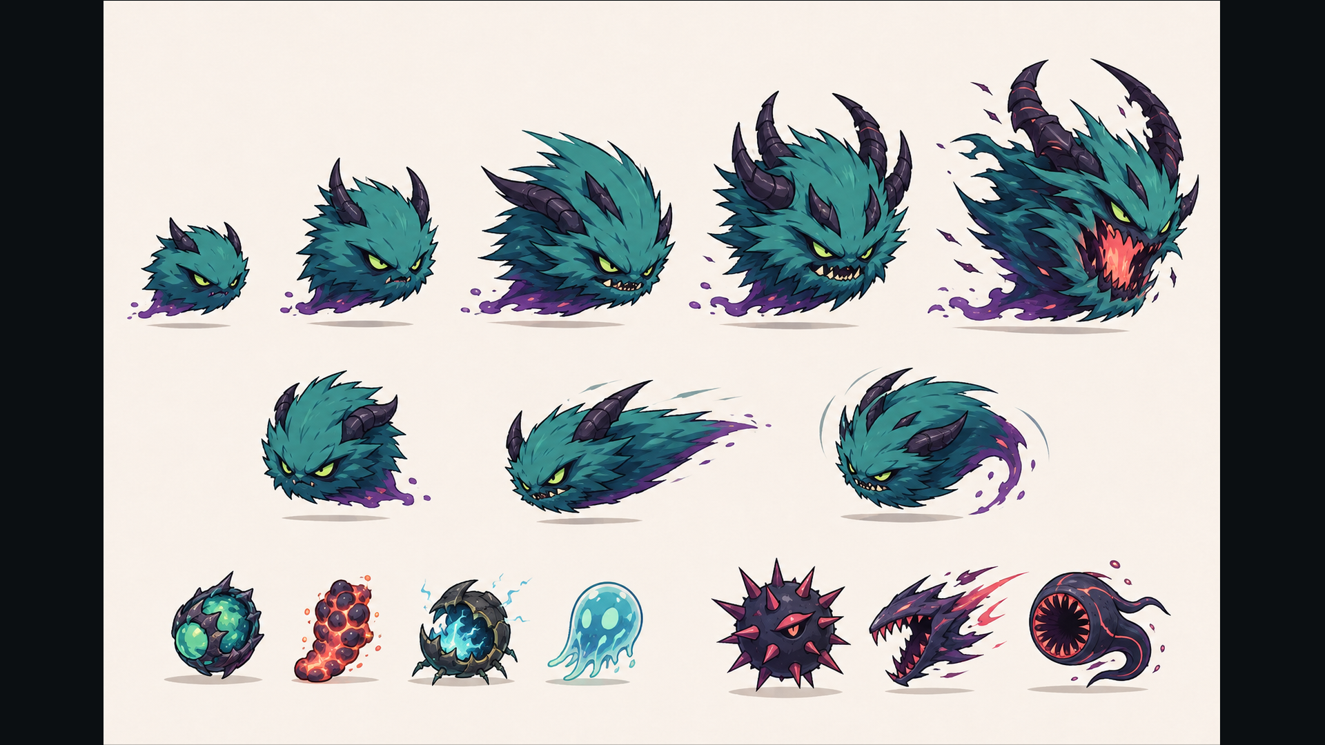 Concept art for Chomp, drawn before the game was built: a teal furry creature at five growth sizes from small and round to huge and horned with a red mouth, three more of it turning and lunging, and a row of eight enemy designs including a spiked ball, a lava blob, a ghost and a fanged maw. This is the intended design; the next image shows what was actually built