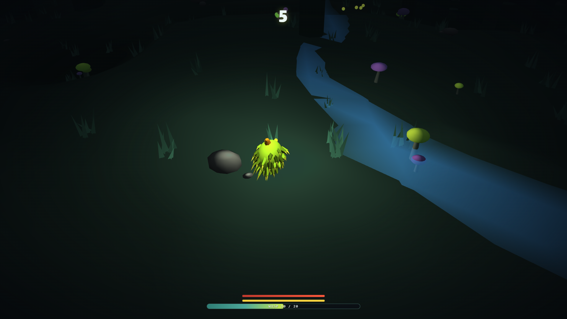 The Chomp mawling early on, small and lime-lit beside a blue underground stream, with pink and yellow mushrooms and tufts of grass across the dark cave floor