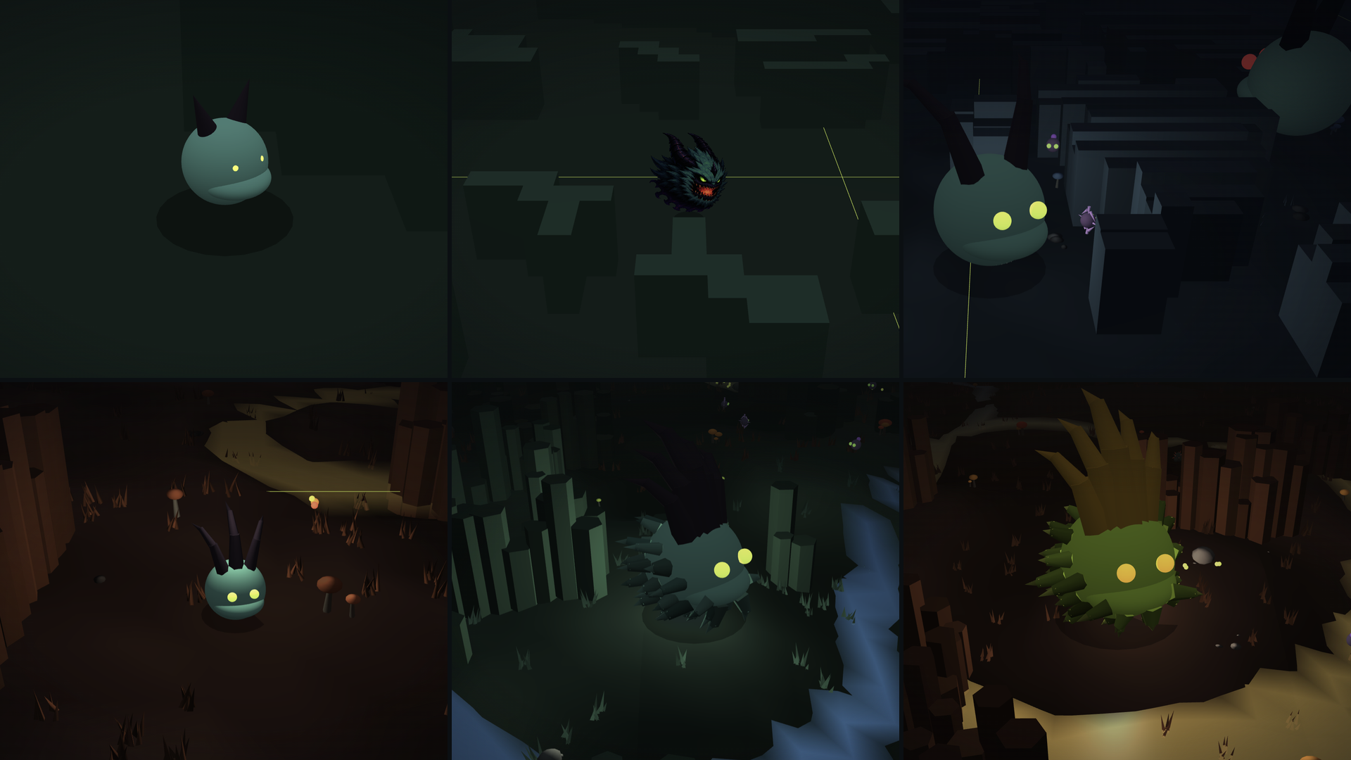 Six panels of Chomp in a two-by-three grid, following the mawling from a small pale sphere with two horns through to a large spined creature lighting the cave floor around itself. This is the build itself, in the order it happened, following the concept art above