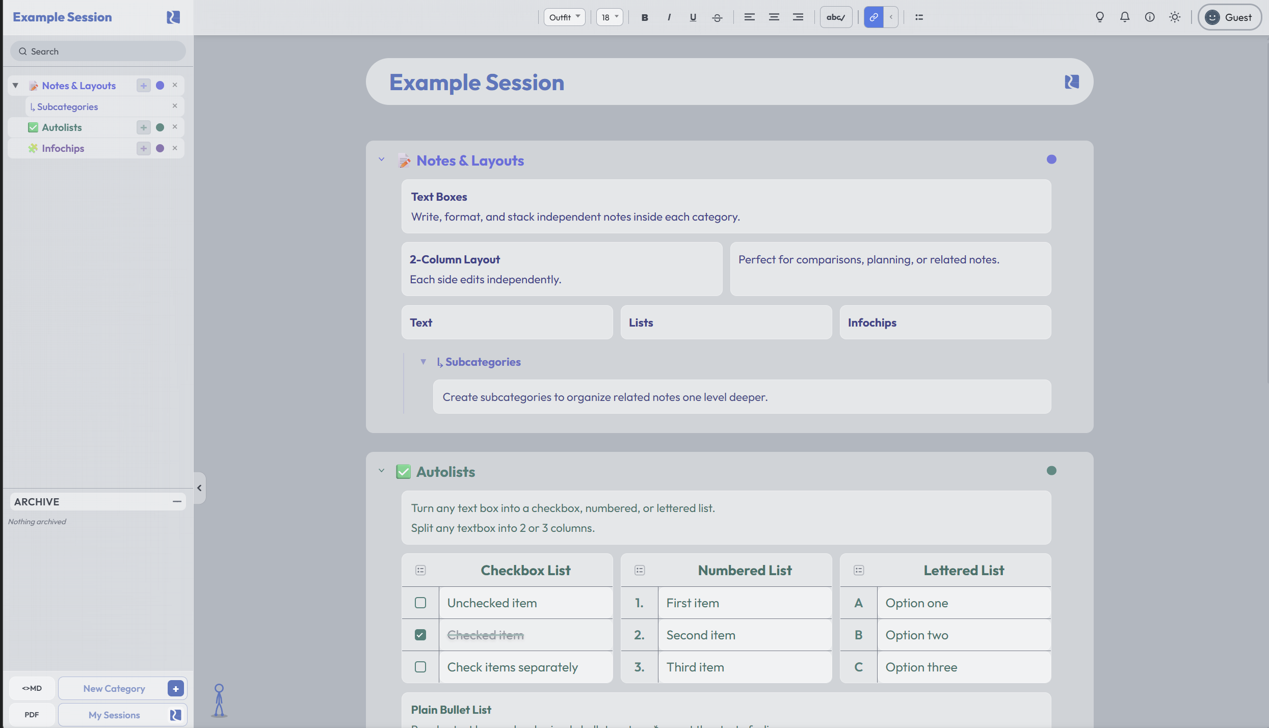 DexNote editor in light mode: an example session with Notes and Layouts and Autolists categories, showing checkbox, numbered and lettered lists