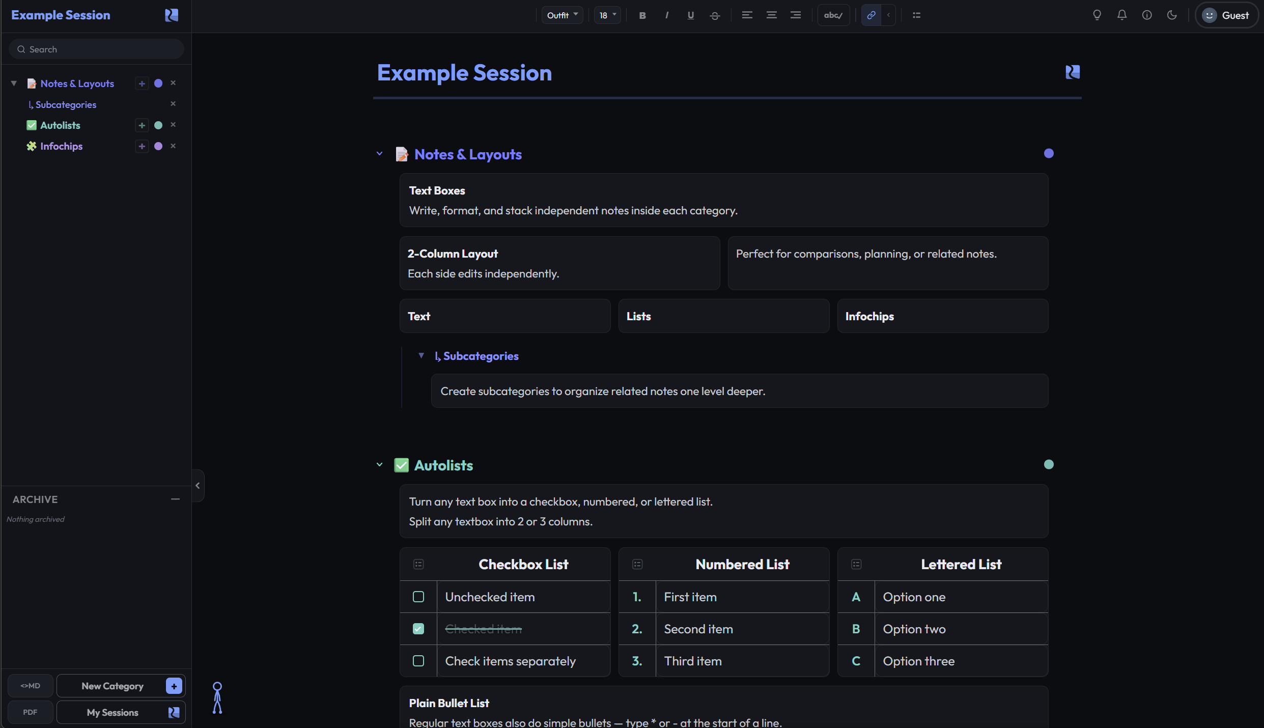 DexNote editor in dark mode showing the same example session