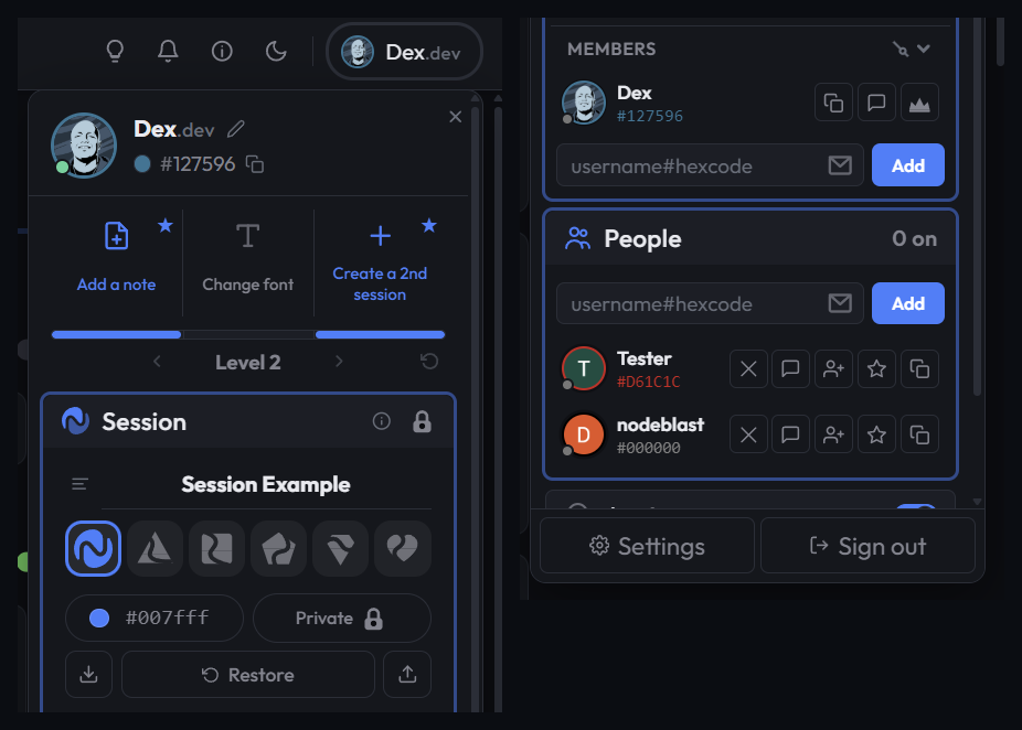 DexNote account panel in two columns: profile with level bar and a session card, then member and people lists for sharing