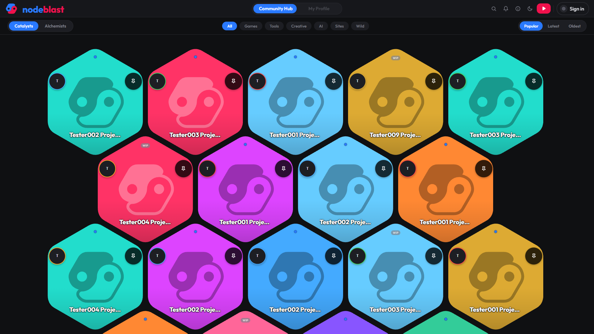 NodeBlast's Catalysts view signed out: every project on the platform as one interlocking honeycomb of large hexagonal tiles in teal, red, sky blue, gold, magenta and orange, each captioned with its creator and carrying a pin button, several flagged WIP