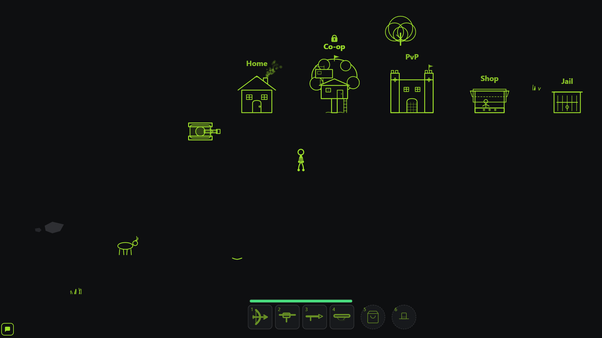Stickland's base row in lime line art on black: a house labelled Home, a treehouse labelled Co-op, a castle labelled PvP, a Shop and a Jail, with the stick figure standing below them, a tank parked to the left and a four-legged creature grazing