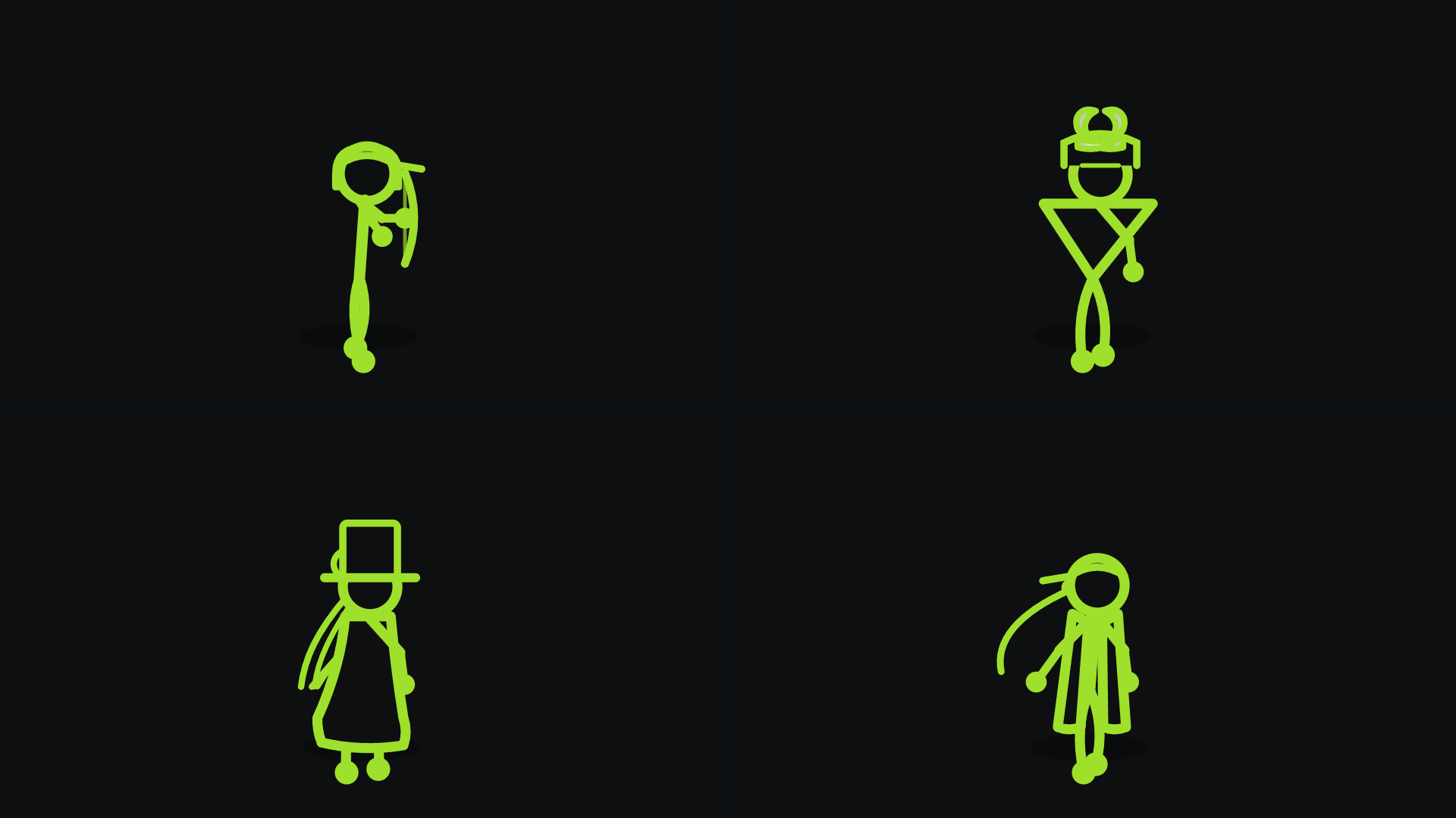 Four Stickland characters in lime line art on black, one per quarter: a slim figure in a forward cap holding a bow, a figure in a horned viking helmet with a triangular armoured torso, a figure in a top hat and a long robe, and a figure in a backwards cap and an open coat carrying a hoverboard