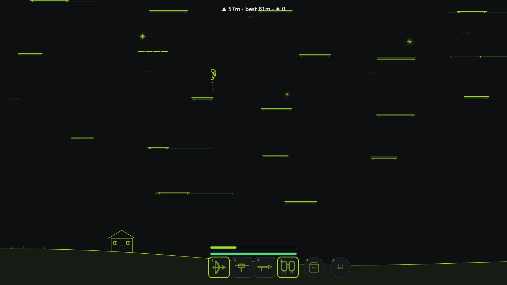 Stickland's platform mode: a stick figure jetpacking off the lowest ledge at 57 metres, with dozens of lime platforms scattered up the dark screen above the curved ground