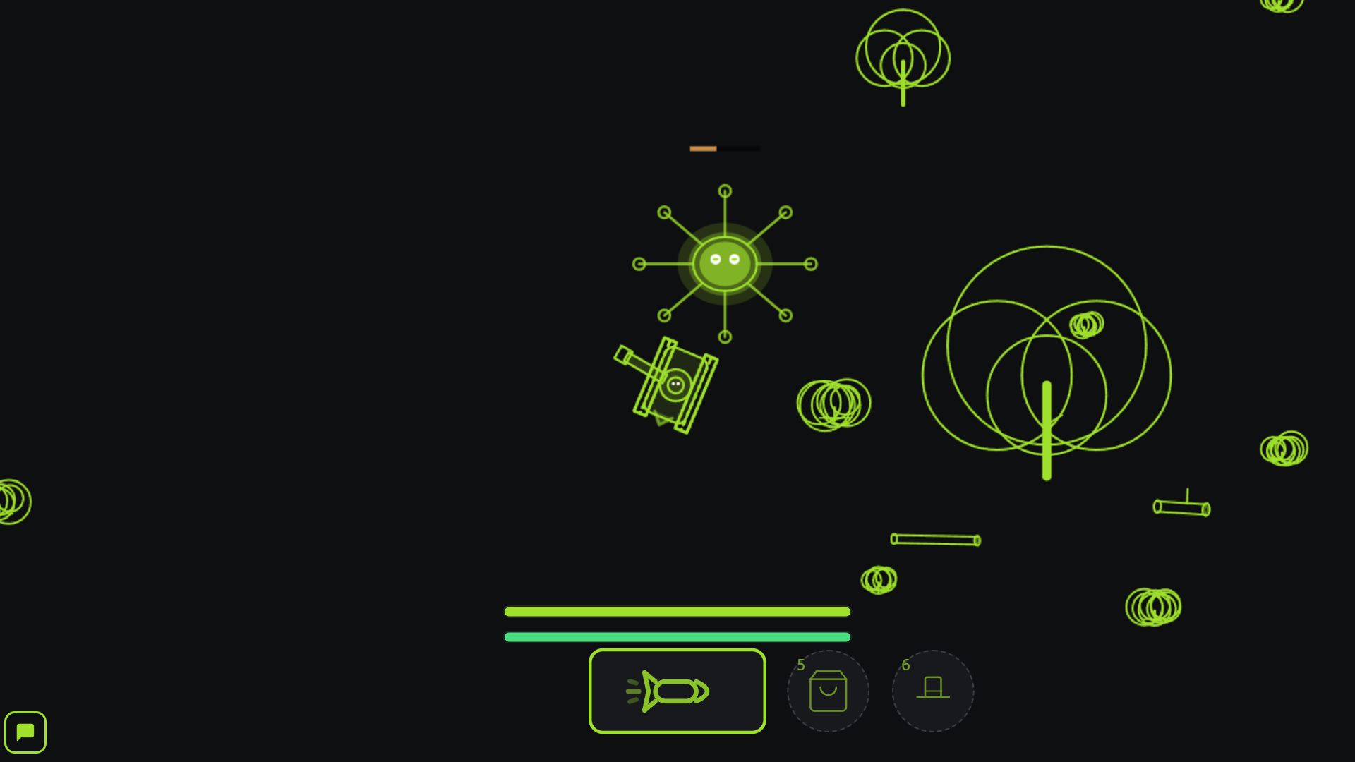 The Stickland tank in lime line art on black, deep in the forest, facing a glowing spiked creature with a damage bar above it; a large tree, bushes and fallen logs are scattered around them