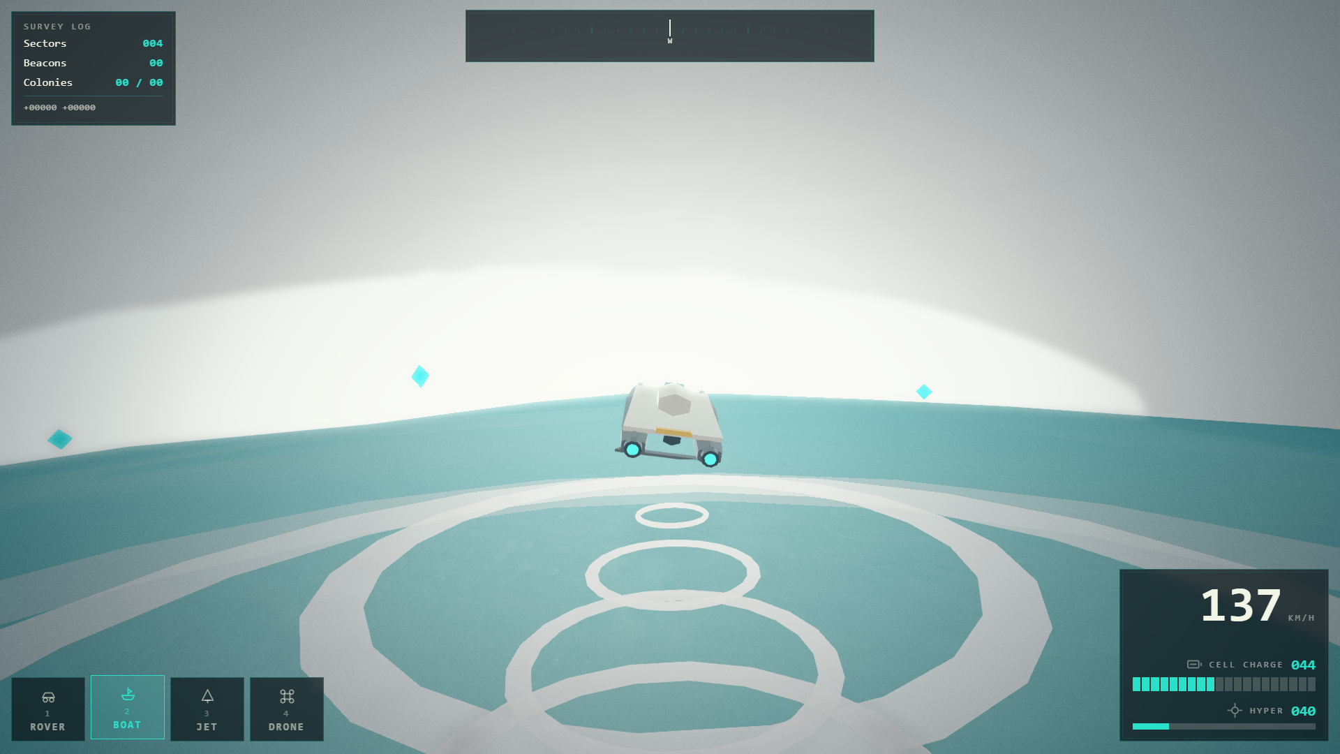 The Surveyor boat under way at 137 km/h across Tarn's turquoise shallows, wake trailing behind it, passing concentric stone rings sunk into the seabed