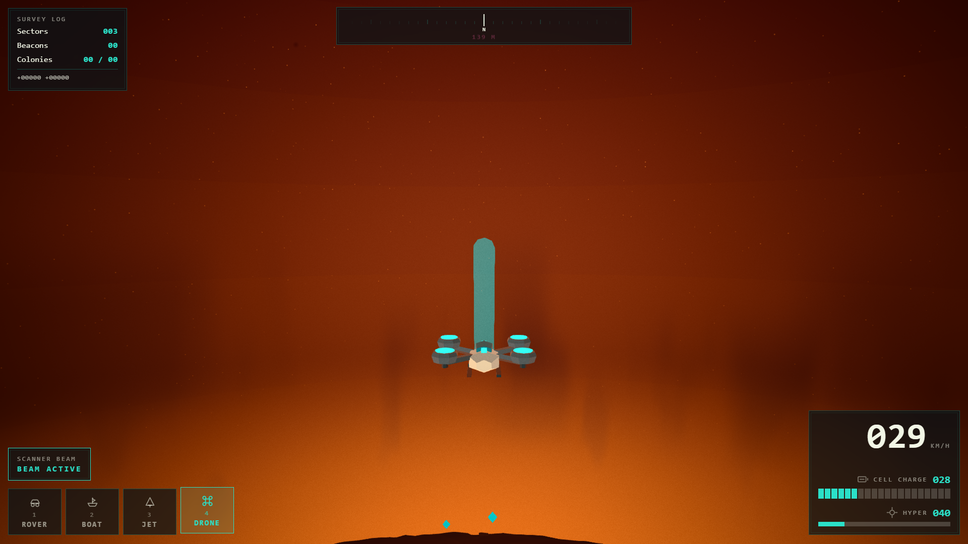 The Surveyor drone descending onto a site on Ember, its scanner beam extended straight down as a pale column against the planet's deep orange dust