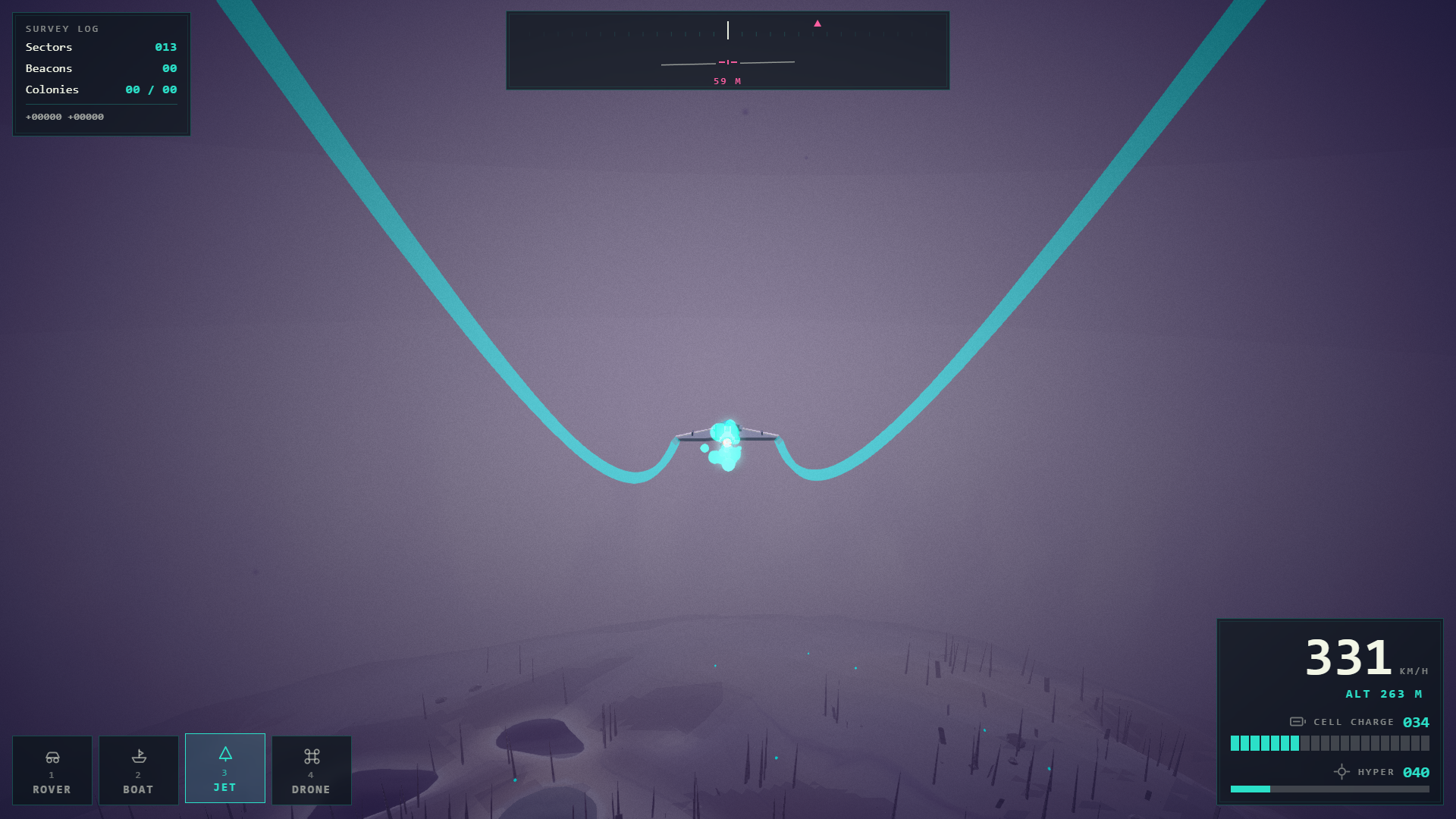 The Surveyor jet at 331 km/h and 263 metres over Shroud, its cyan vapour trail sweeping up both sides of the frame against the planet's violet haze