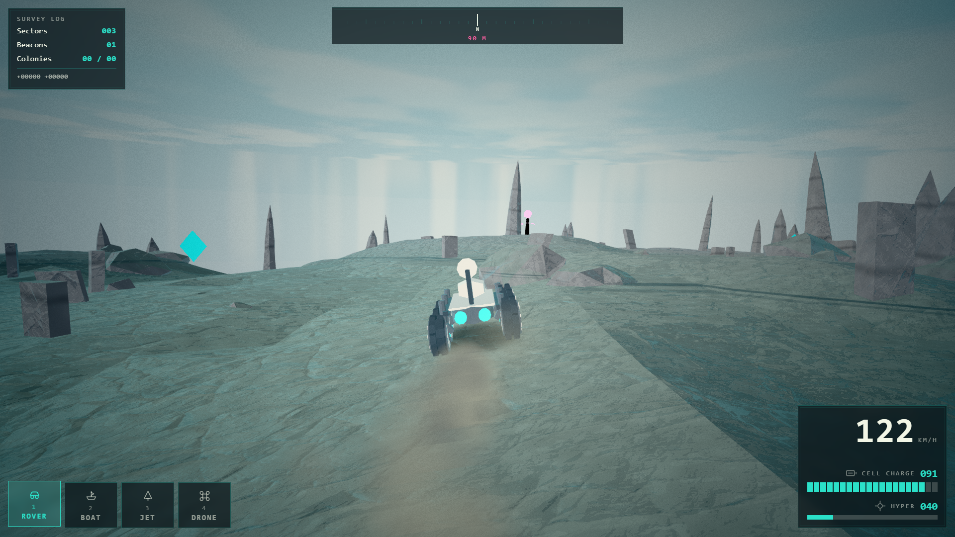 The Surveyor rover driving at 122 km/h across Home's pale grey-green terrain, throwing up dust, dark rock spires along the horizon and the survey log in the corner