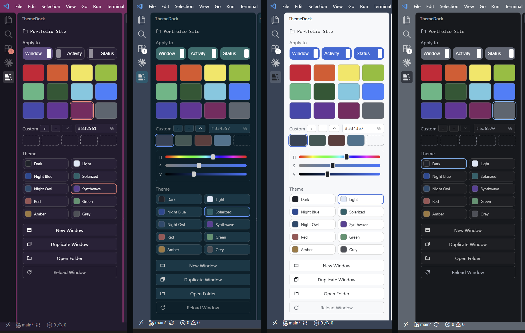 Four ThemeDock sidebar panels side by side, each window in a different colour and theme